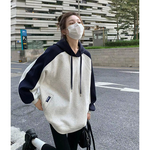 春秋款撞色连帽卫衣女款2026新款爆款宽松中长款秋冬加绒外套上衣