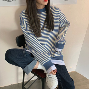 春秋款蓝白条纹日系复古卫衣女款2026新款爆款圆领宽松中长款上衣