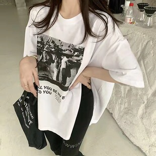 ins潮宽松中长款 白色开叉大码 爆款 短袖 遮屁股上衣 t恤女2025新款