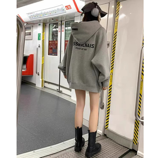 灰色连帽卫衣女中长款遮屁股2026新款爆款慵懒风春秋冬季加绒加厚