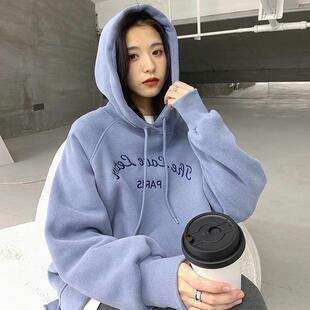 蓝色加绒宽松休闲bf卫衣女装2026新款oversize套头外套设计感小众