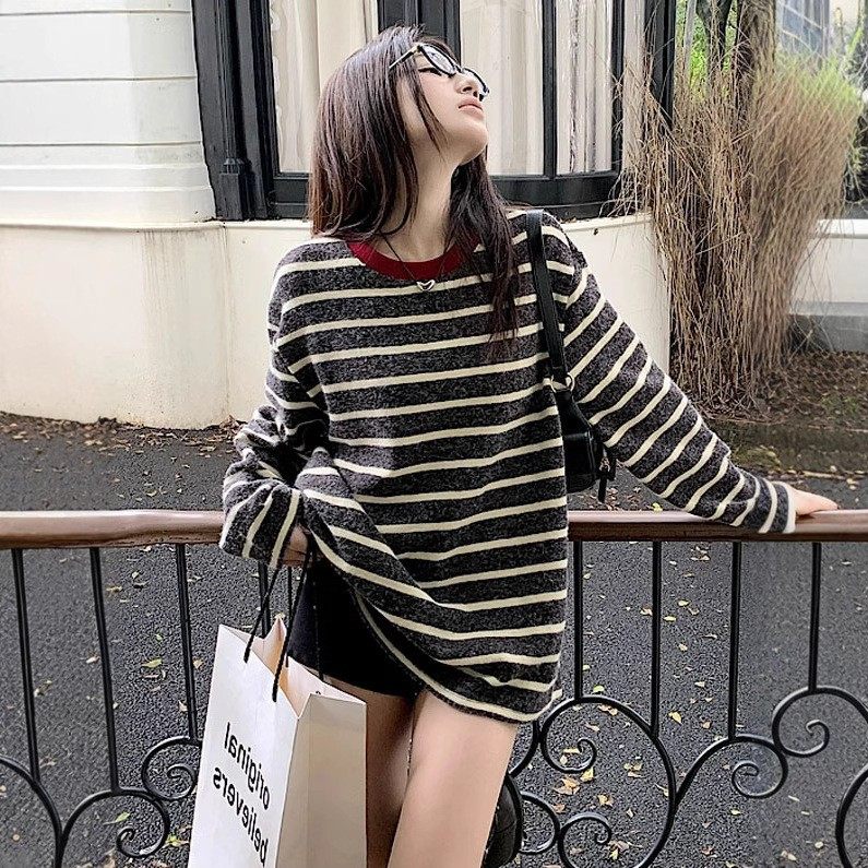 慵懒风条纹拼接长袖T恤女2026新款宽松通勤风中长款打底衫上衣女,女装/女士精品,T恤,淘宝优惠券,粉丝福利购,淘宝优惠卷