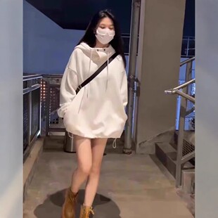 白色连帽卫衣女秋冬加绒加厚2026新款爆款美式宽松韩系慵懒风外套