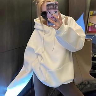 重磅纯白色连帽卫衣女2025新款秋冬季加绒早春秋高级感宽松外套女
