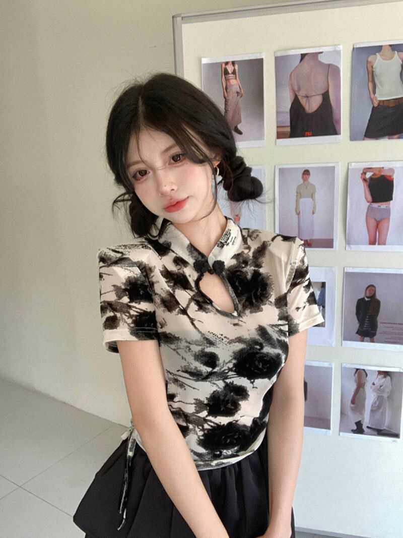 新中式轻国风改良上衣禅意风女装复古辣妹抽绳收腰短装衬衫女夏季
