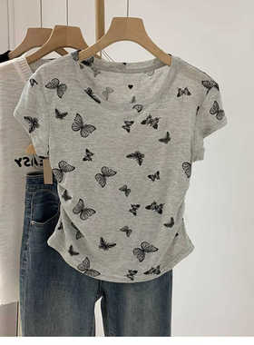 外贸出口灰色蝴蝶印花短袖T恤女夏季薄款打底衫设计感短款上衣ins
