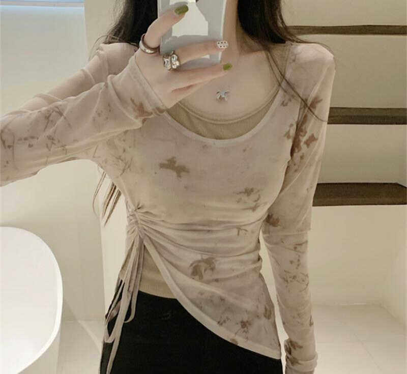 春季新款新中式不规则抽绳宫廷风印花网纱防晒衫套装女上衣两件套
