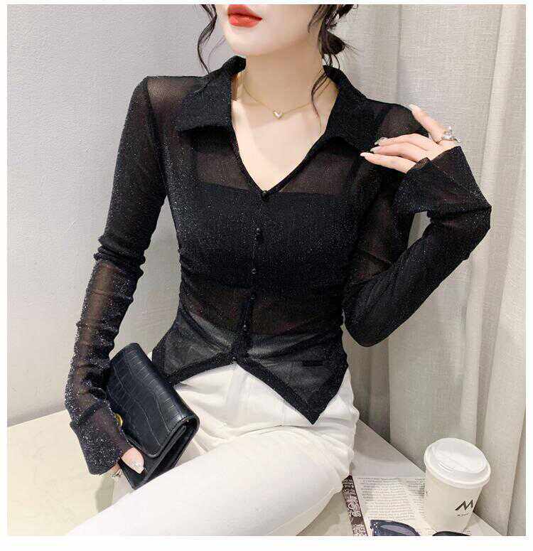 紧身性感v领长袖t恤女夏季新款薄款透视凉爽蕾丝上衣空调防晒衫潮