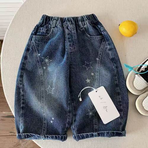秋季男女童拼接星星牛仔阔腿裤