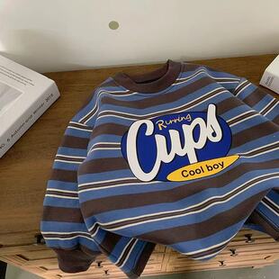 儿童T恤男加绒2025冬季新款小童装条纹卫衣宝宝字母打底衫女保暖