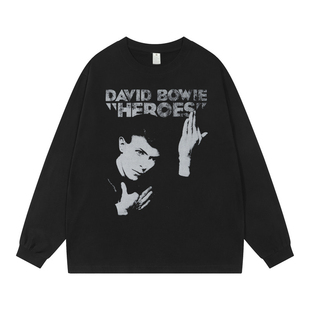 街头嘻哈复古黑长袖 印花美式 T恤 Bowie大卫鲍伊摇滚乐队数码 David
