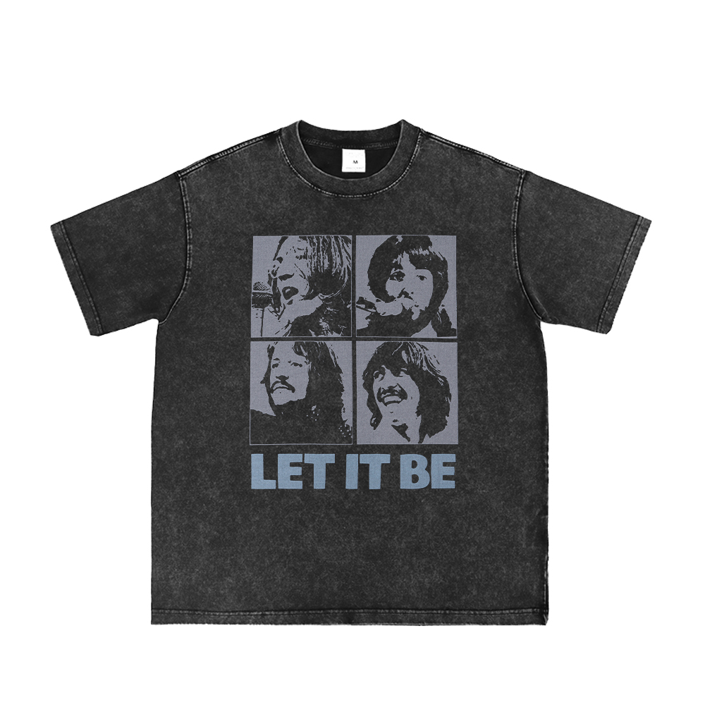 the beatles直喷水洗做旧披头士乐队复古灰美式街头摇滚长短袖t恤