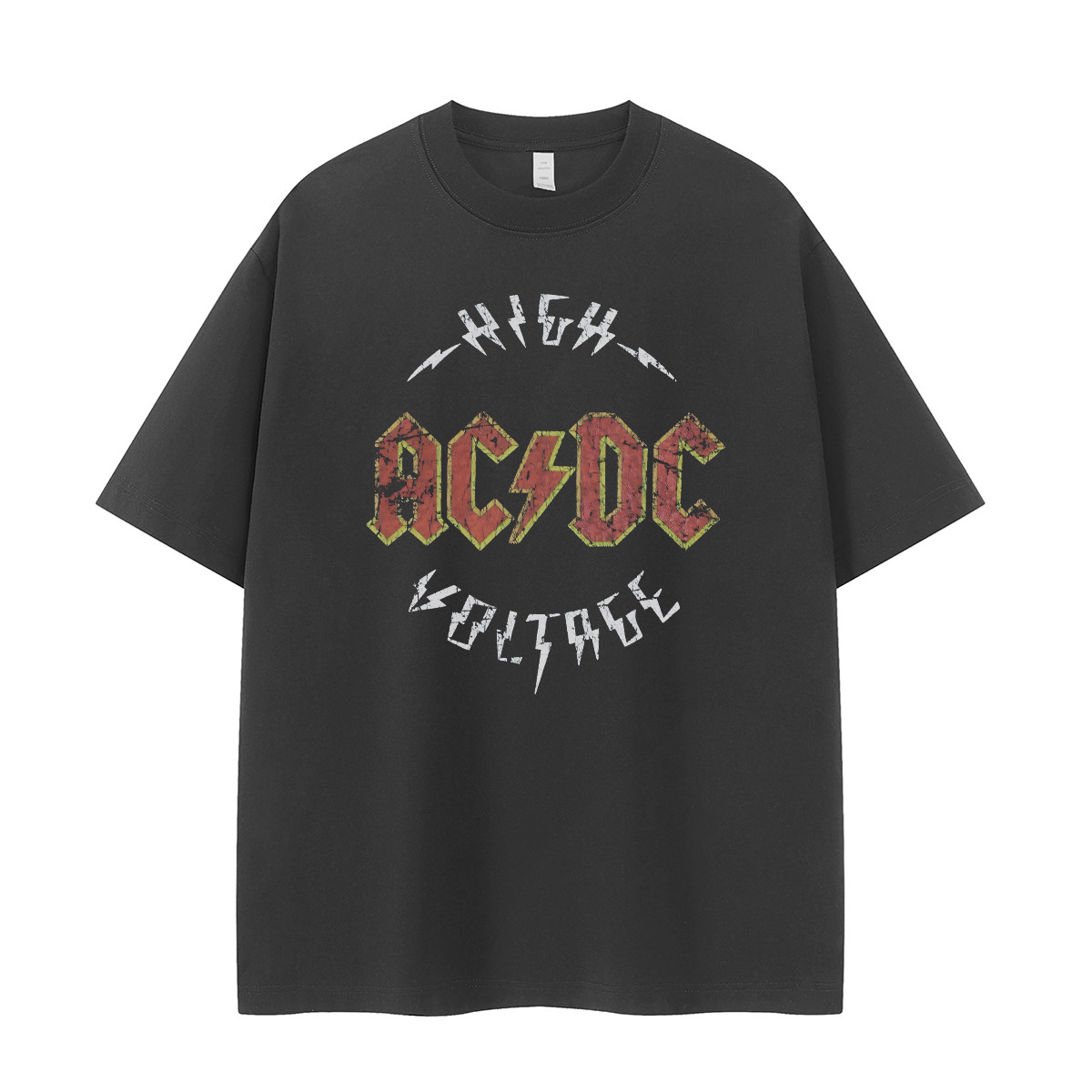 AC/DC乐队复古美式街头小众设计感vtg落肩纯棉圆领摇滚短袖T恤衫