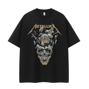 T恤衫 Metallica金属乐队复古美式 街头小众设计感vtg落肩摇滚短袖