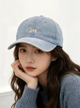 帽子韩版ins刺绣M字母牛仔鸭舌帽子女时尚百搭潮流显脸小棒球帽男