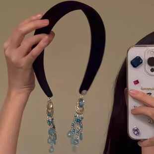 复古民族风蓝色流苏发箍高级感重工轻奢压发头箍气质高颅顶发饰女