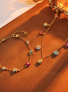 时尚欧美风小众设计甜美可爱镶嵌闪耀小钻花朵瓢虫项链锁骨链女