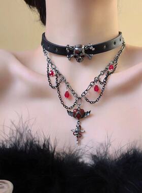 暗黑哥特亚文化滴油爱心十字架复古朋克真皮项链女choker个性颈链