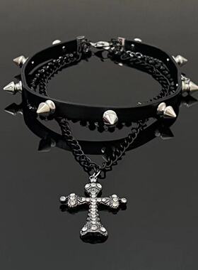 暗黑choker黑色皮质镶钻十字架吊坠项链女甜酷风小众脖圈颈圈颈链