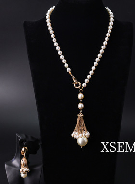 中古铜合金重工vintage项链耳饰琉璃珍珠高级感长款流苏耳坠