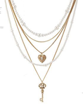 复古爱锁芯系列多层珍珠项链可拆卸中古金多层珍珠项链原创设计无