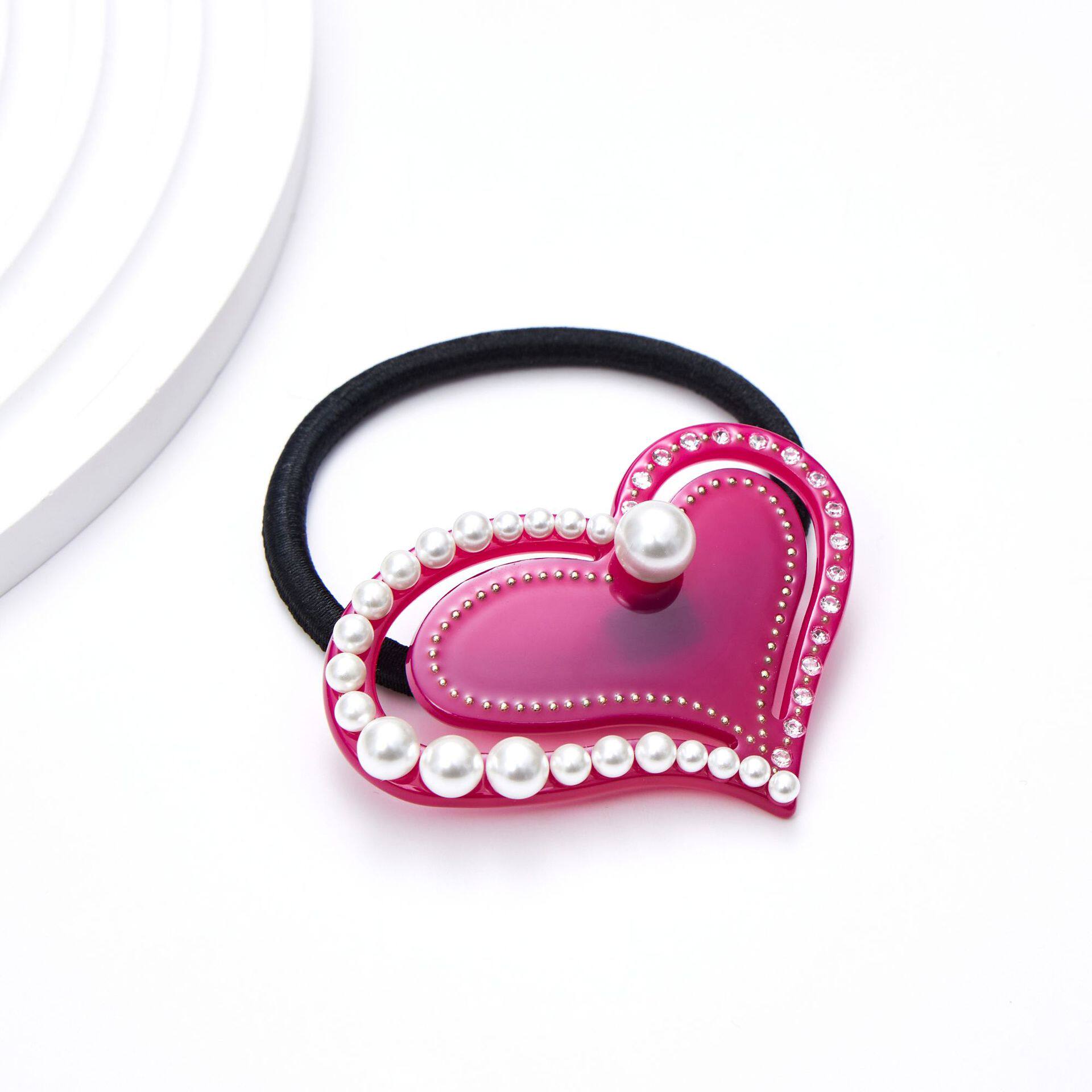 醋酸板材红色爱心镶钻珍珠头绳时尚甜美发圈盘发马尾女式头饰发饰