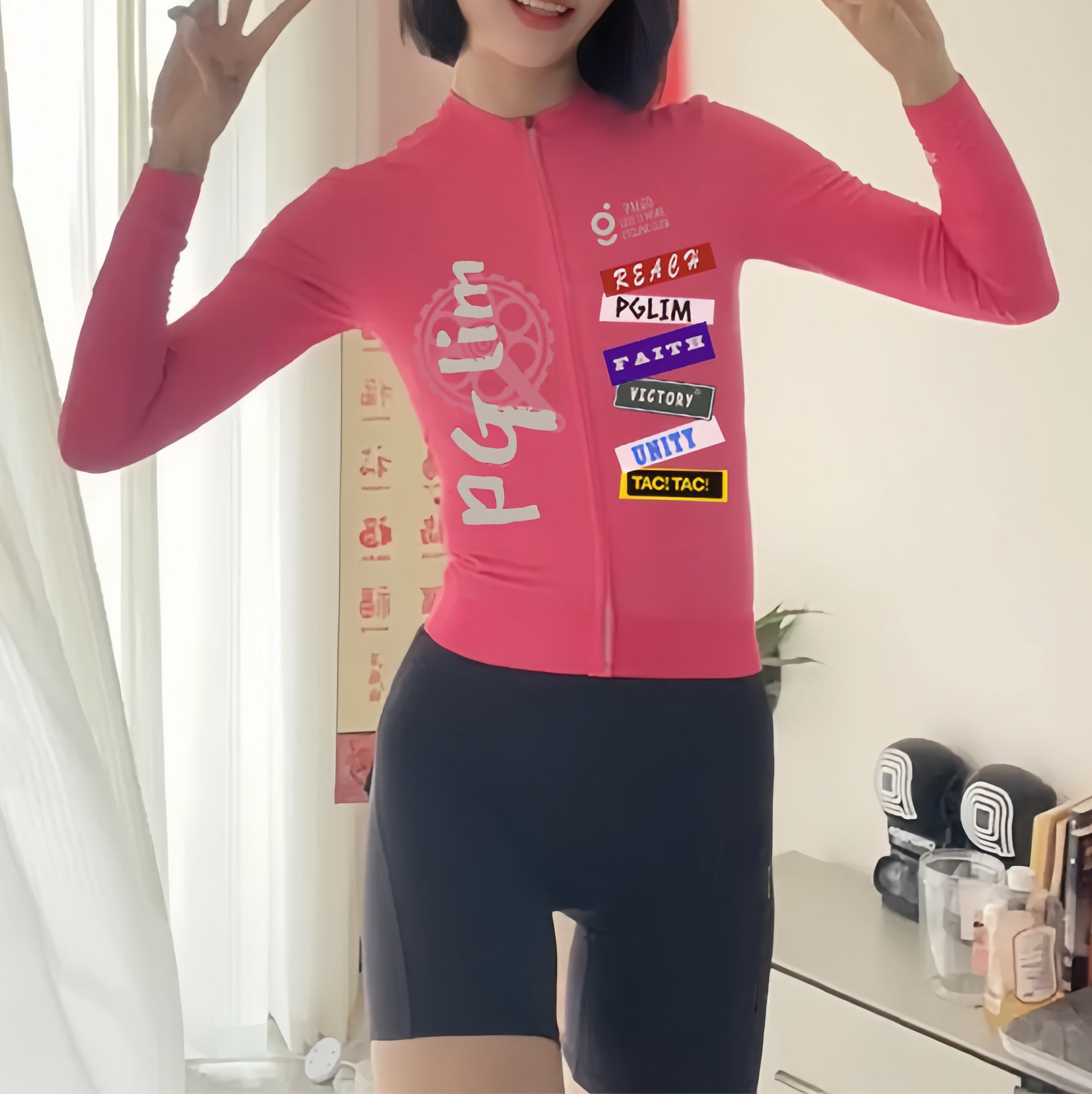 春夏薄款织带长袖骑行服高颜值女款修身显瘦自行车公路车骑行服