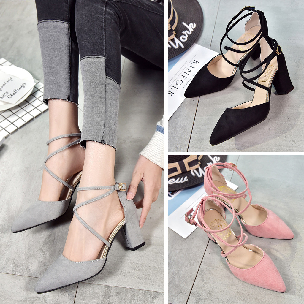 2020 Spring new pattern Korean shoes With crude Suede Heels Tip Shallow mouth Bandage Rome Women's Shoesin the Women's Shoes, Low shoes  category - from Buy2taobao.com to provide professional Taobao agent buy service