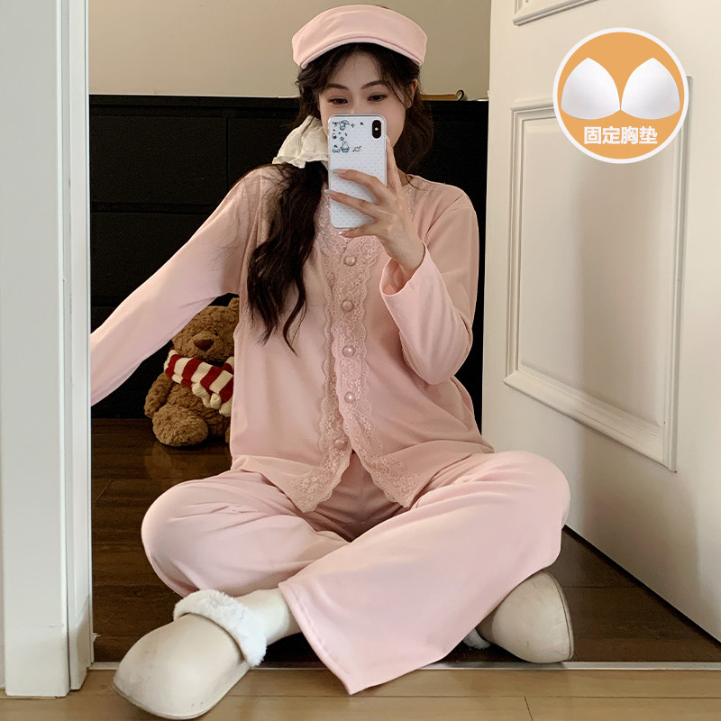 德绒带胸垫孕妇哺乳月子睡衣套装