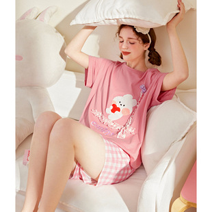 睡眠棉 纯棉短袖 布朗熊 睡衣女夏季 家居服 凉感套装 可爱休闲大码