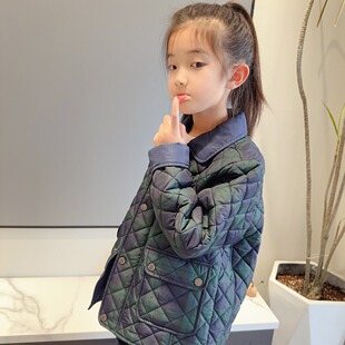 2025秋季新款童装儿童绿色格子翻领薄棉服男女童中性夹棉棉衣外套