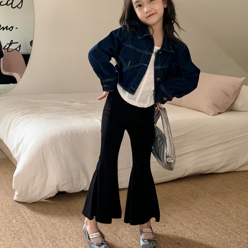 女童黑色中高腰喇叭裤