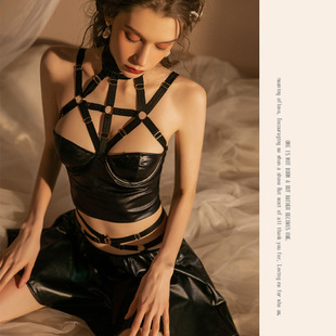 跨境漆皮装邦带蕾丝镂空可爱睡衣女性感睡裙家居服包括内衣套装71