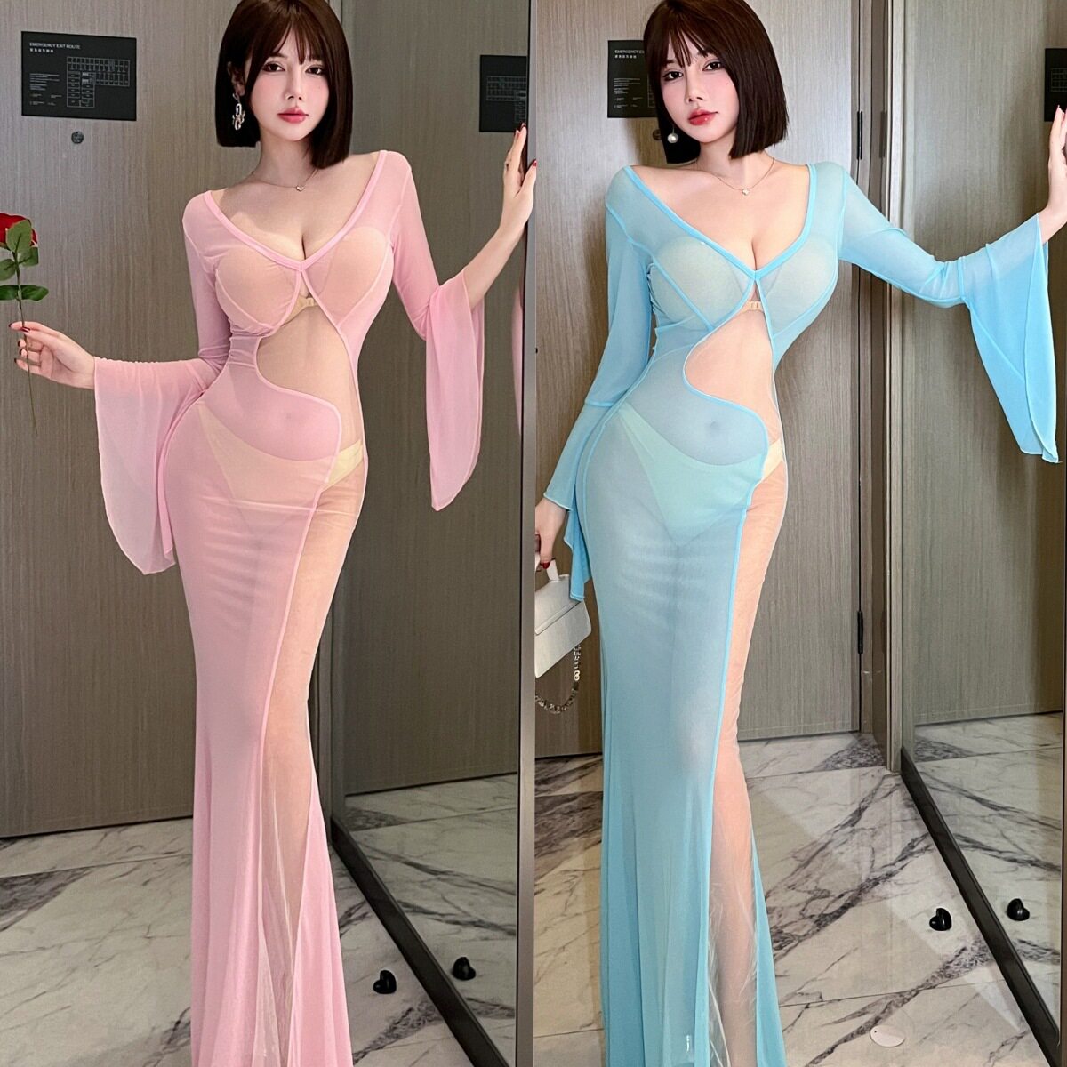 夜场性感连衣裙网纱拼接透视深V夜店包臀鱼尾礼服高级感走秀长裙