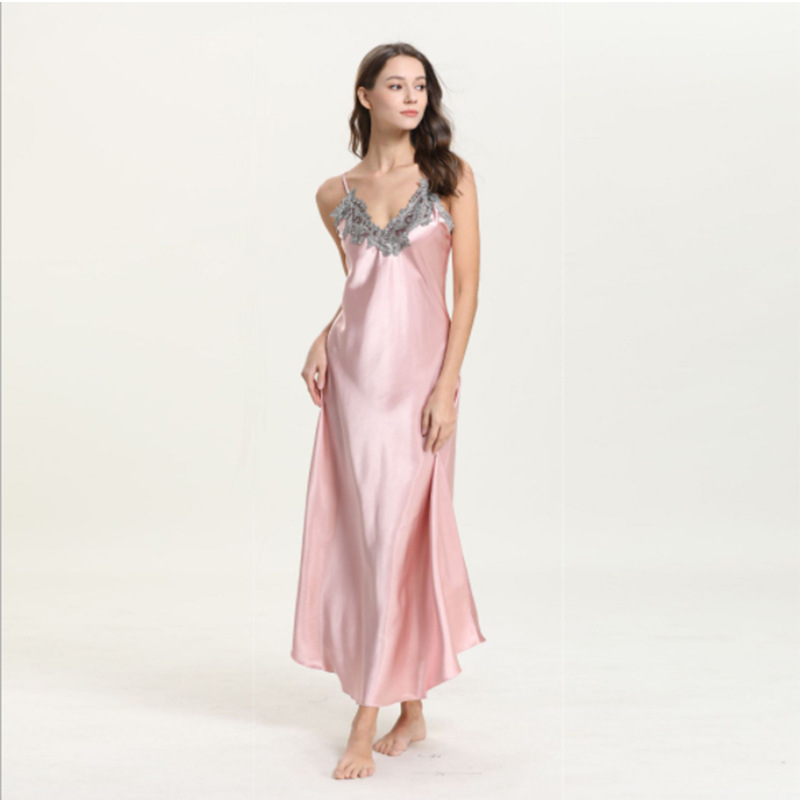 仿真丝睡衣女 花边性感V字领长款吊带睡裙爆款夜店桑拿技师家居服