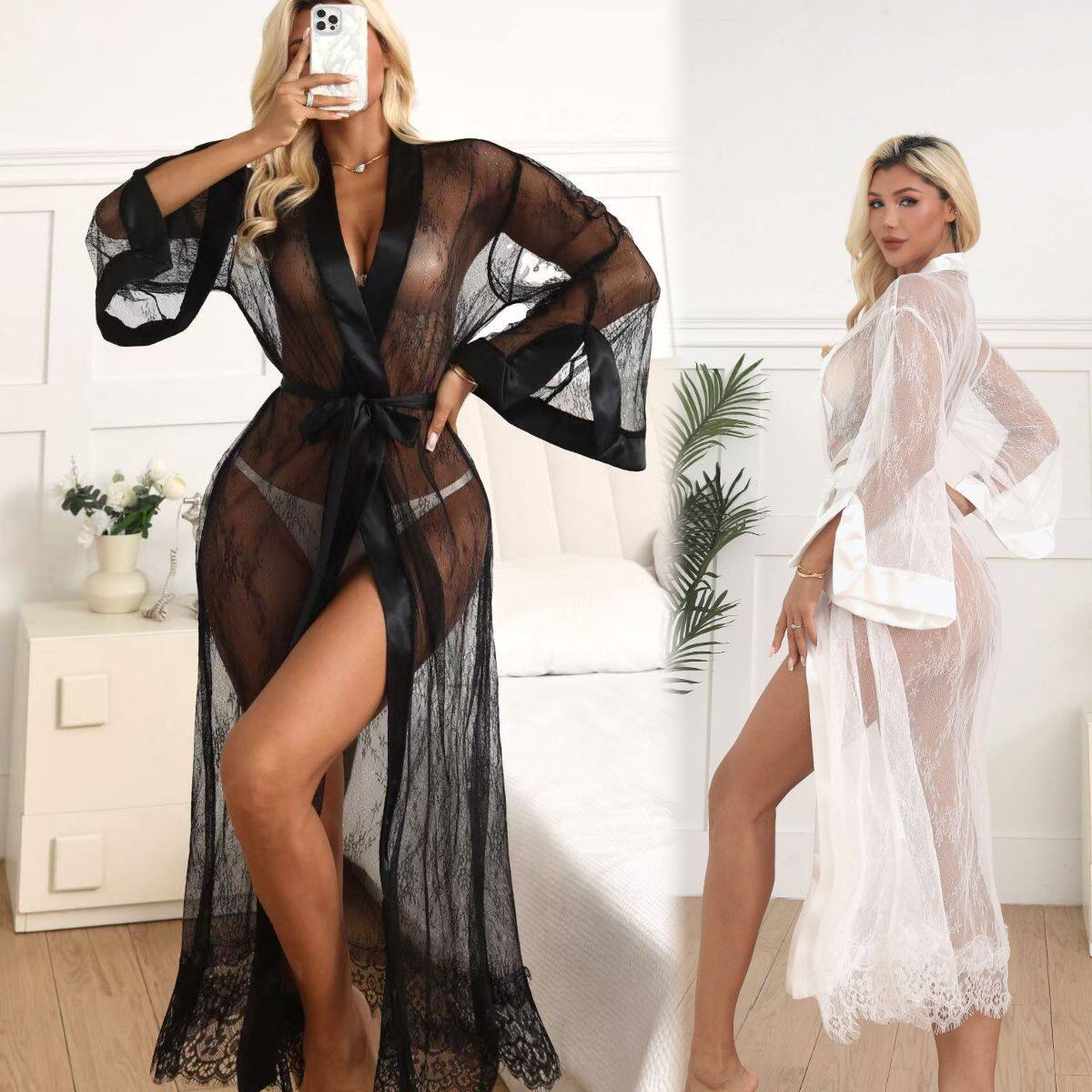 新品女黑色白色睡袍性感蕾丝网布长款睡袍透视装厂家现货居家服