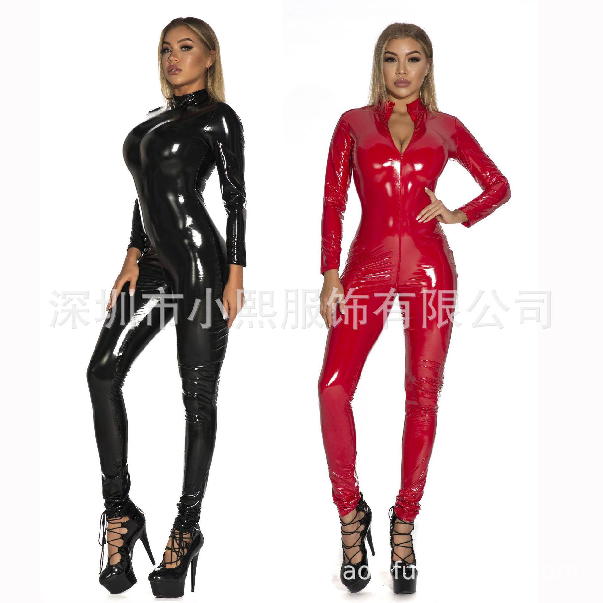油亮漆皮PU皮革镜面爆款内衣女 拉链过裆夜店连体皮衣S-5XL
