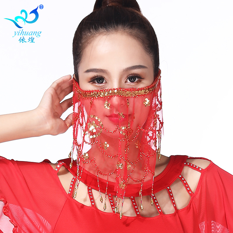 网纱亮片面纱 舞蹈表演流苏面巾面罩 肚皮舞面纱饰品 遮脸纱巾