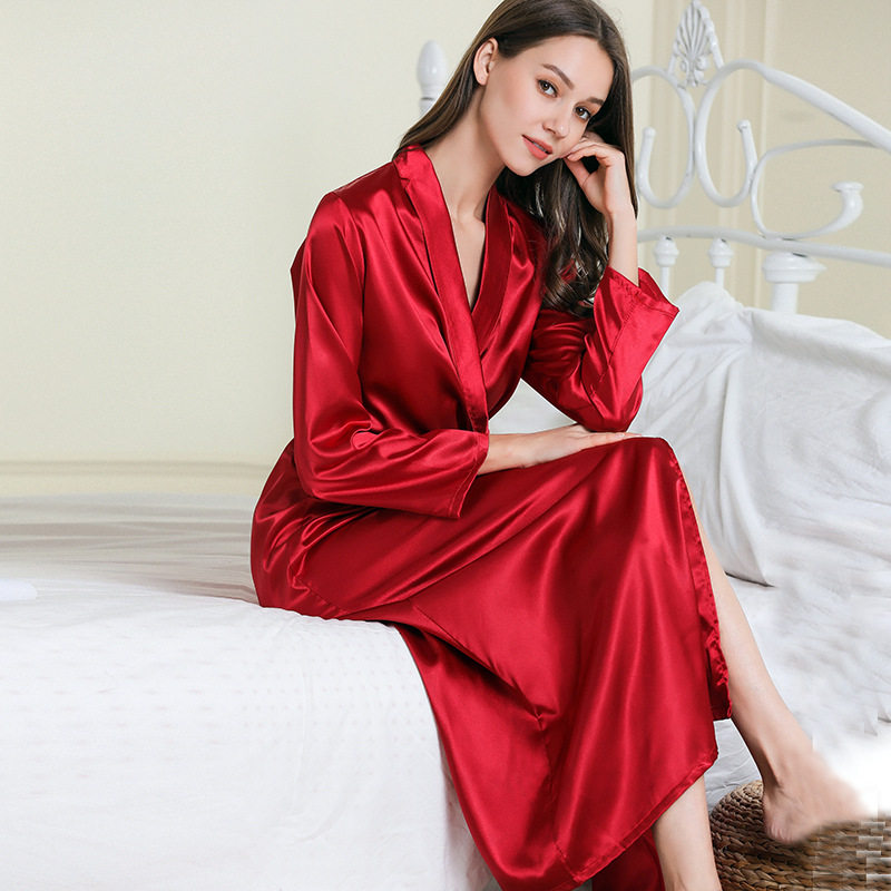 厂家供应仿真丝睡衣女 翻领长款睡袍女式性感睡衣浴袍家居服