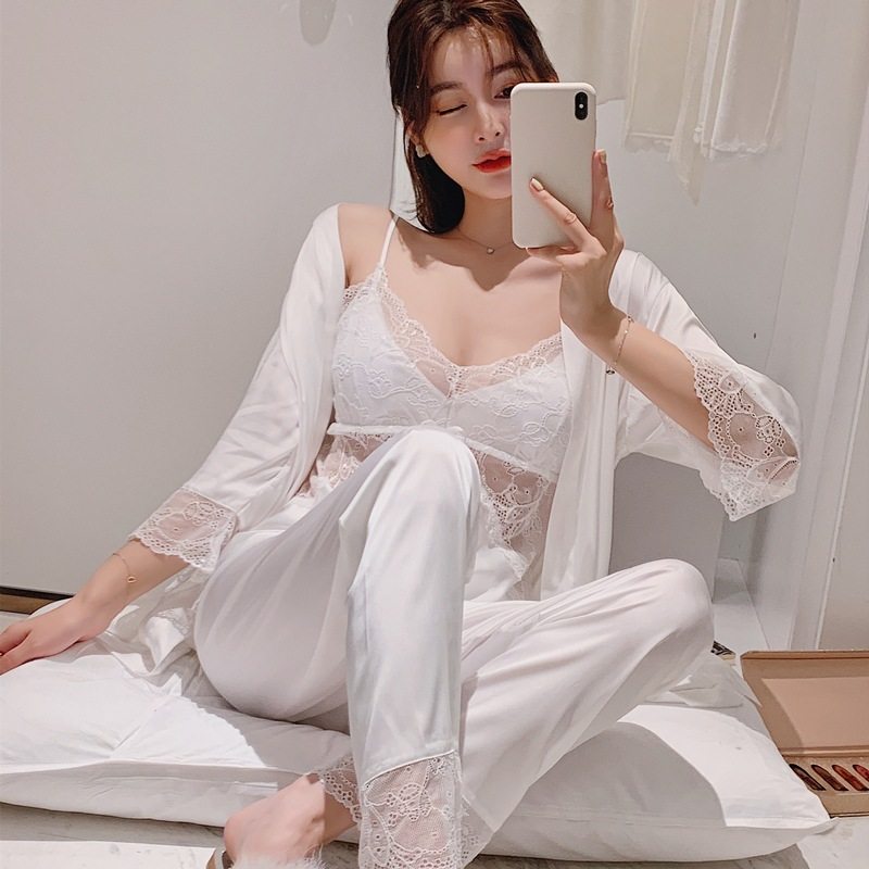 春夏仿真丝睡衣唯美韩版性感吊带睡裙睡袍带胸垫冰丝两件套家居服
