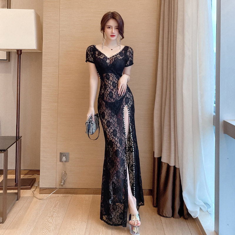 夜总会性感连衣裙女低胸蕾丝透视全透大码长裙夜场KTV工作服秋冬