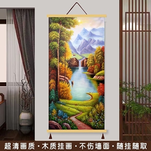 聚宝盆入户玄关布艺挂画山水油画风景挂毯画过道布画超大竖版挂布