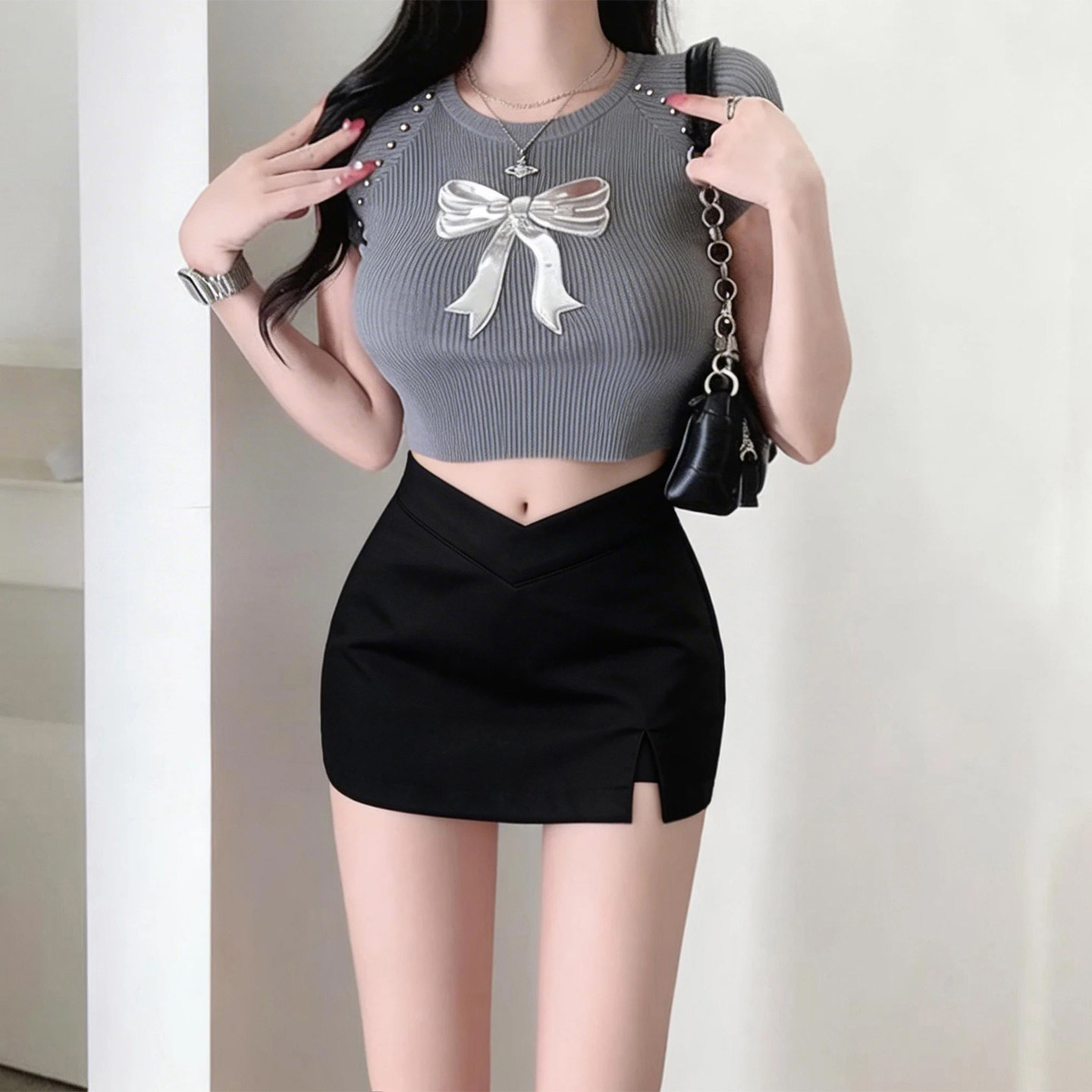 韩系辣妹黑色高腰显瘦开叉包臀裙