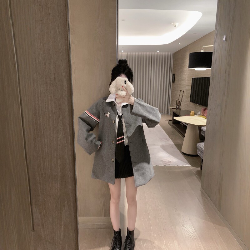 英伦TB学院风刺绣小狗呢子外套女秋冬新款宽松休闲中长款加厚西装