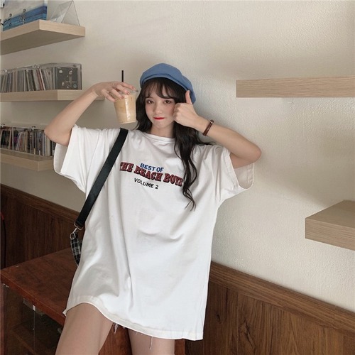 Real shooting 2022 new summer clothes college style simple medium and long five point sleeve printed letters short sleeve T-shirt women