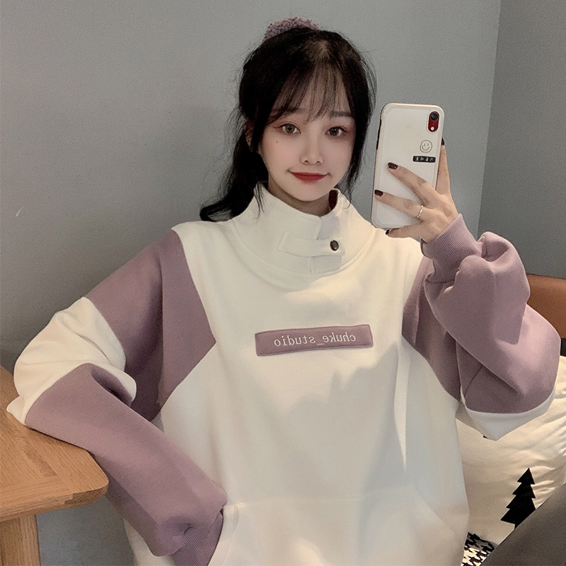 Shooting autumn and winter 2020 new college style Plush 87% polyester fiber 1 cotton high collar letter sweater