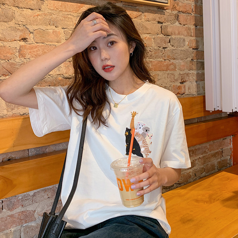Real shot summer dress Korean heavy industry embroidery loose student short sleeve T-shirt women's pure cotton