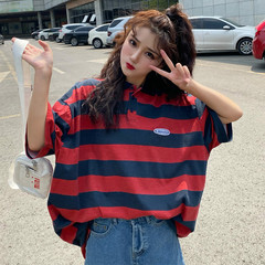 Real photo 2021 new summer clothes Korean version simple half sleeve loose stripe T-shirt women's cotton