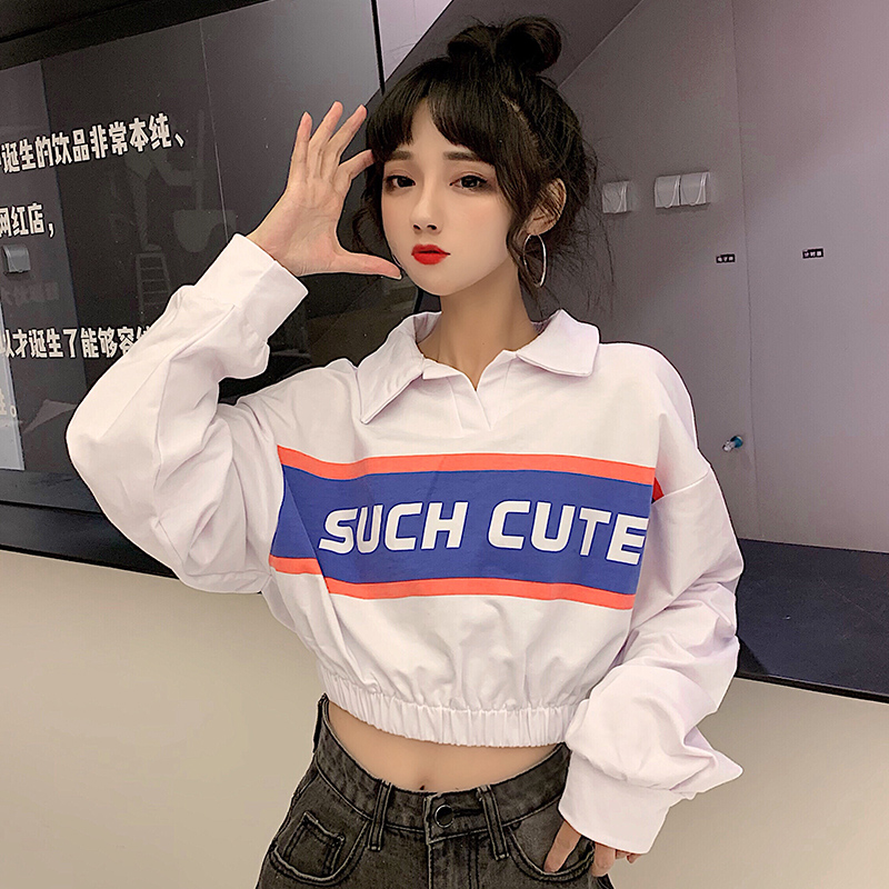 Real shot autumn new waist white Lapel print letter girl student short open navel long sleeve top