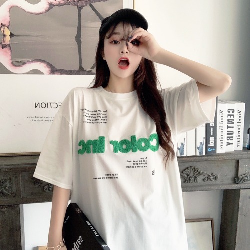 Real photo 2021 new summer clothing academy style letter embroidery half sleeve top medium length short sleeve t-shirt female